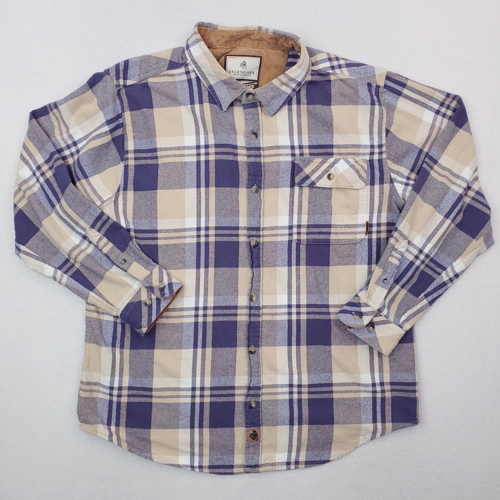 Legendary Whitetails Shirt Mens Extra Large Blue Tan Buck Camp Flannel Plaid